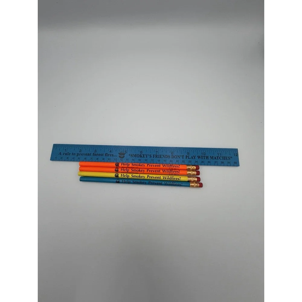 Vtg Smokey Bear Ruler & 4 Pencils Lot Prevent Wildfires Retro School Supplies